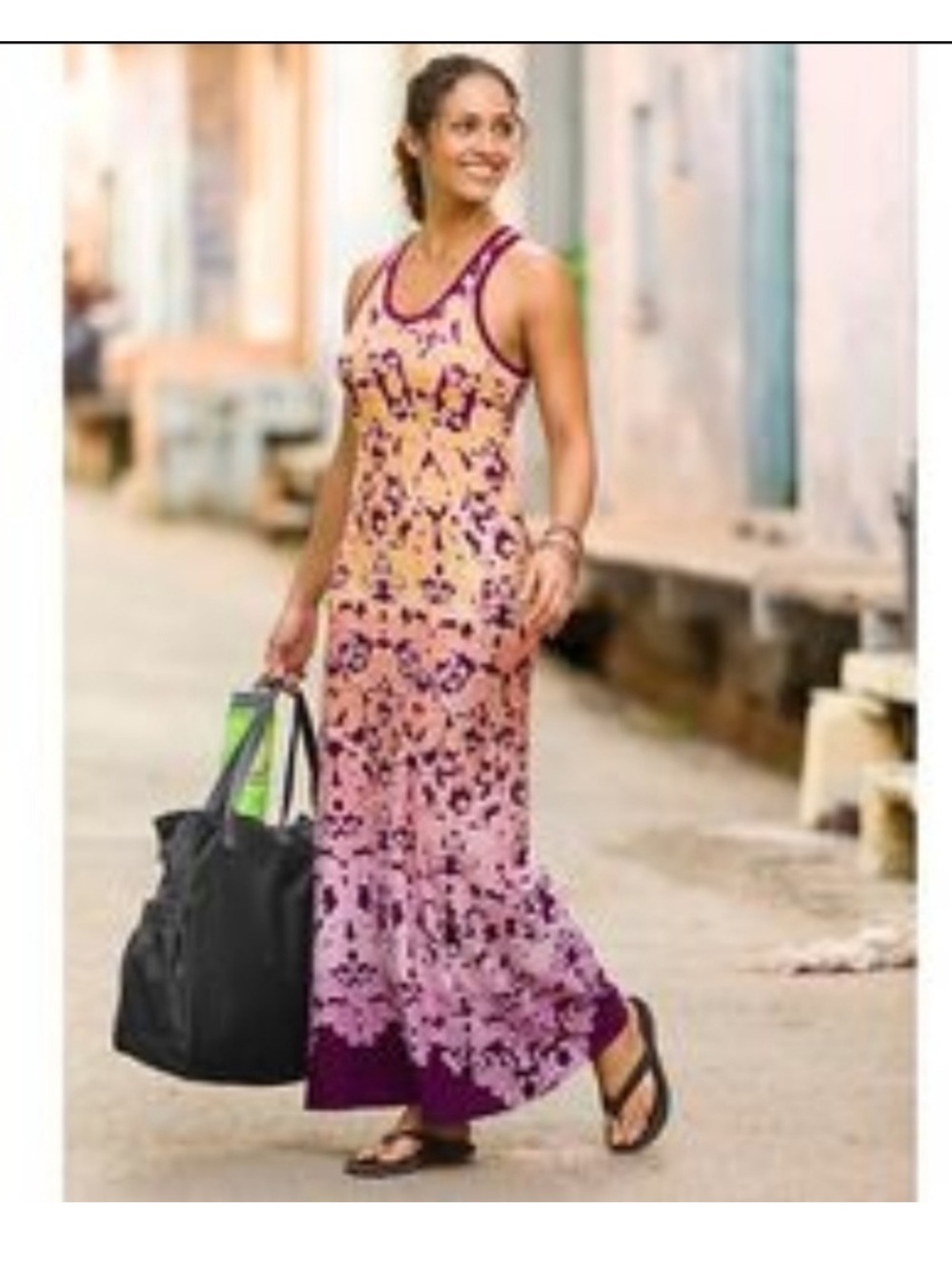 Athleta Printed Tee Maxi Dress, Raspberry Brocade Dip Dye Ombre, Size Small